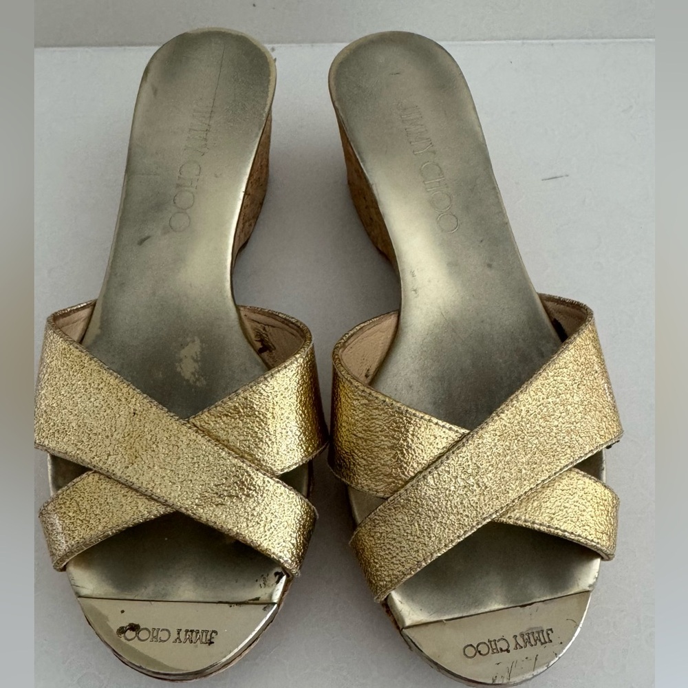 Jimmy Choo Metallic Wedge Sandal | Size 6 | Worn Item